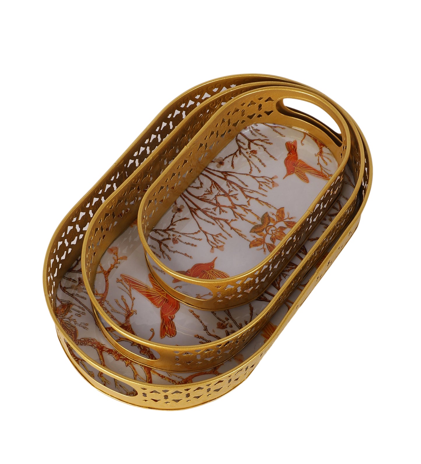 Oval Pink & Gold Wavy Design Meena Tray Set of 3