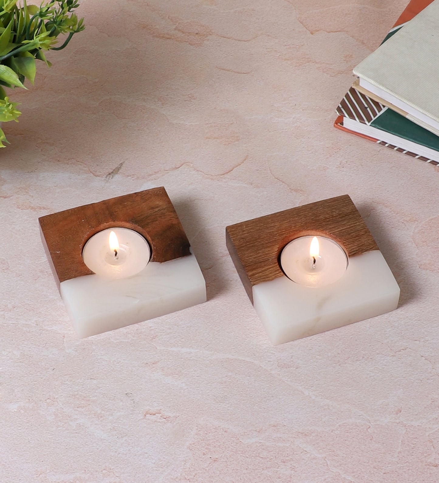 Cream Resin & Mangowood Tealight Holder Set of 2