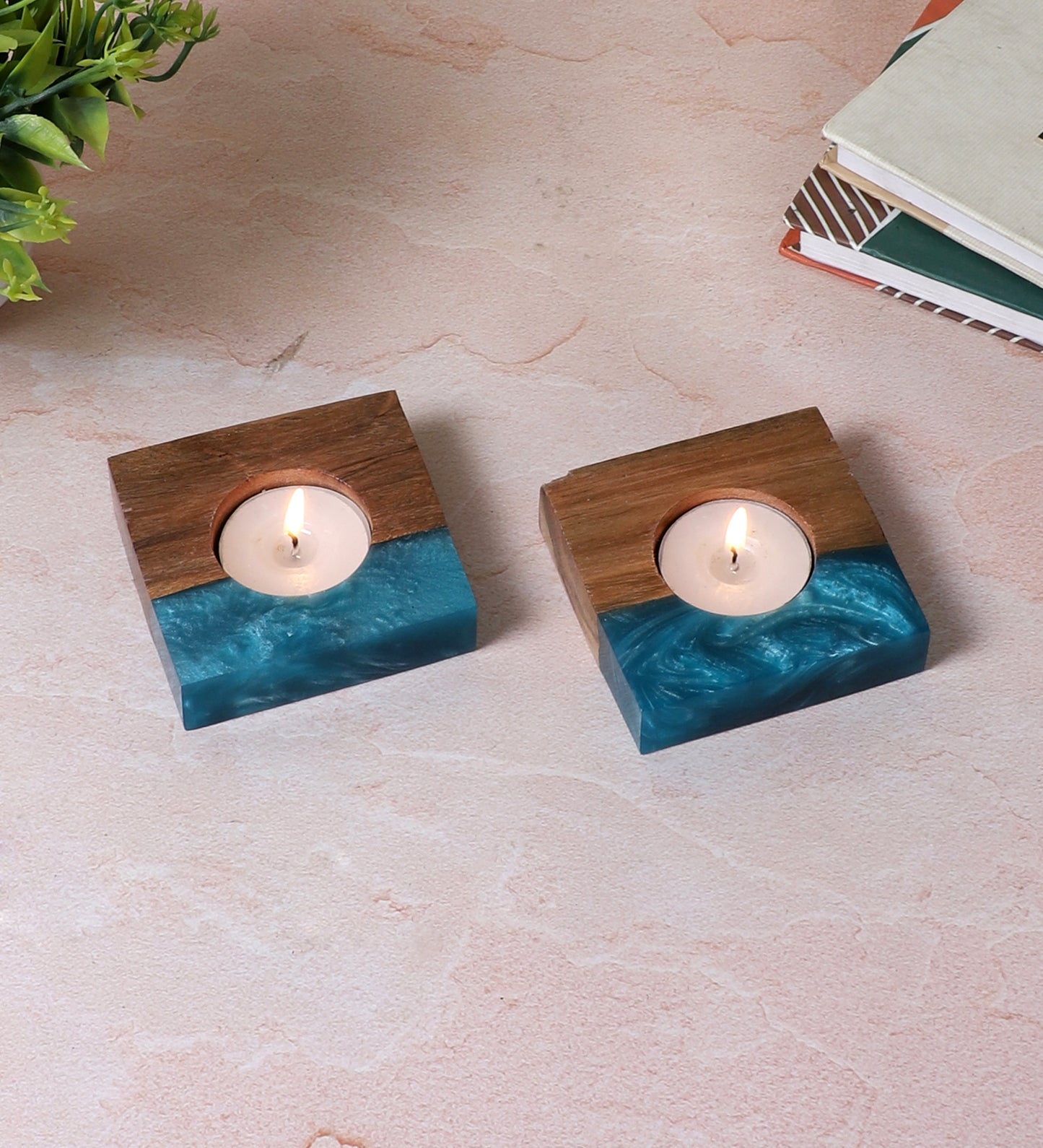 Green Resin & Mangowood Tealight Holder Set of 2