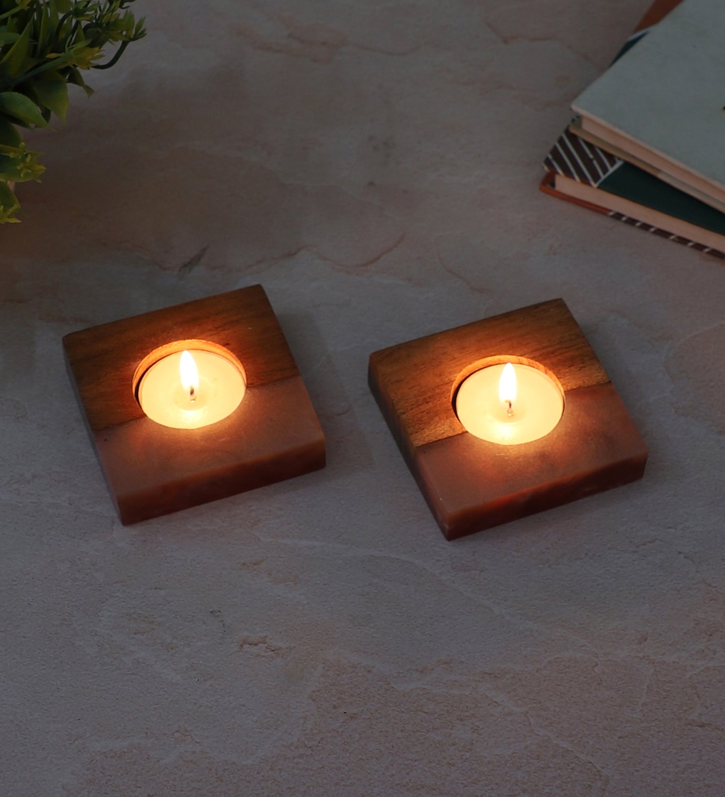Pink Resin & Mangowood Tealight Holder Set of 2