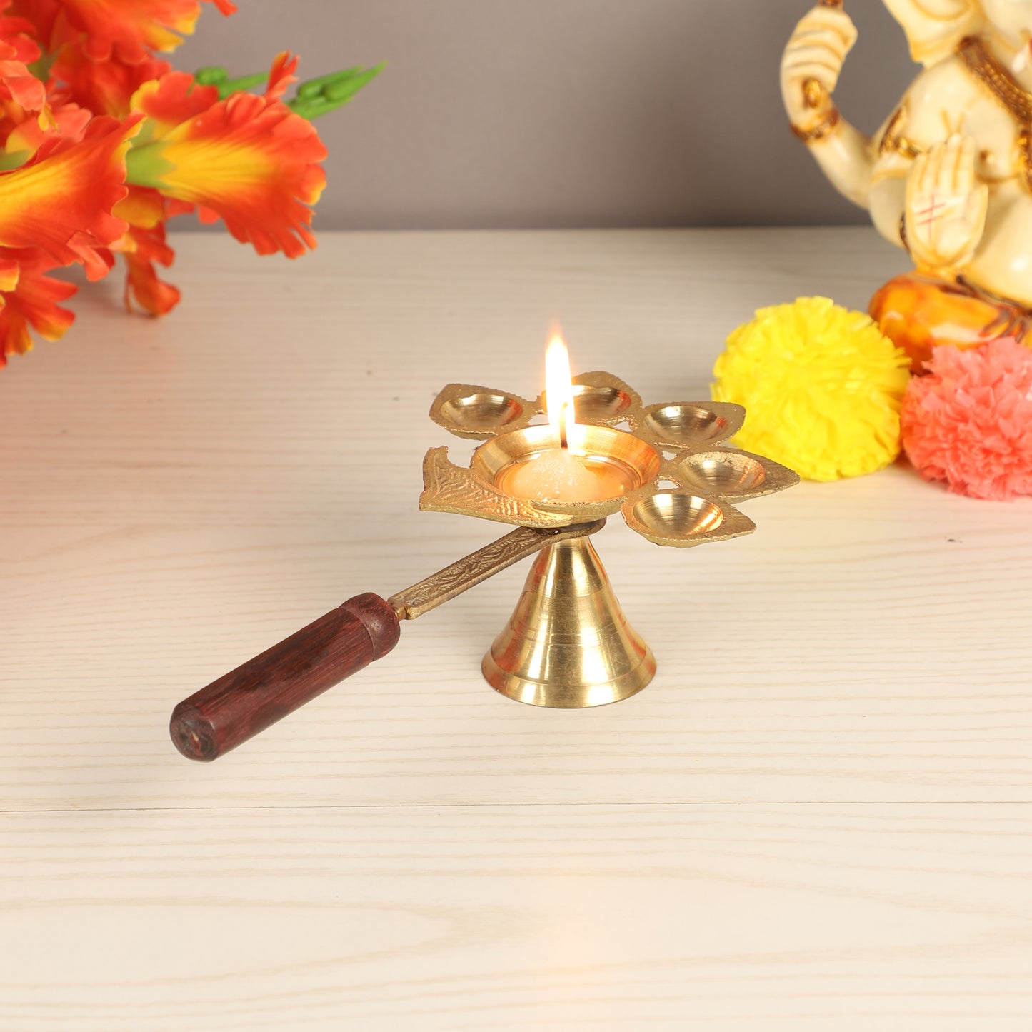 Brass Panch Aarti with Wooden Handle