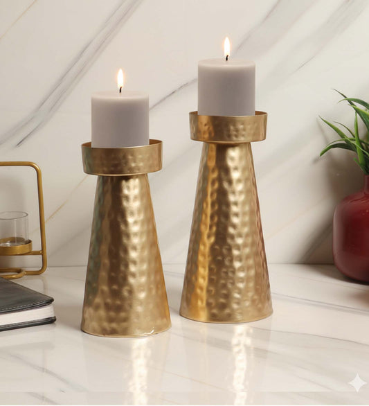 Gold Hammered Cone Candle Stand Set of 2