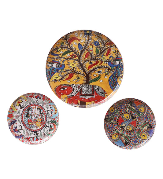Elephant & Fish  Metal & Meena Wall Plates Set of 3