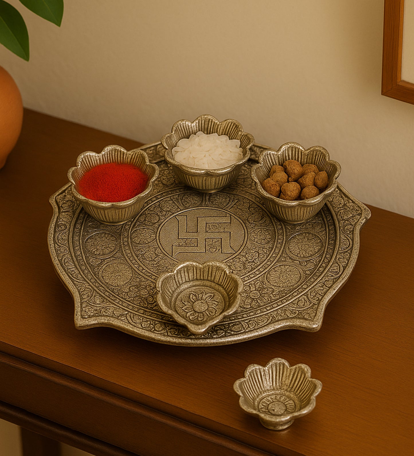 Silver aluminium Pooja thali