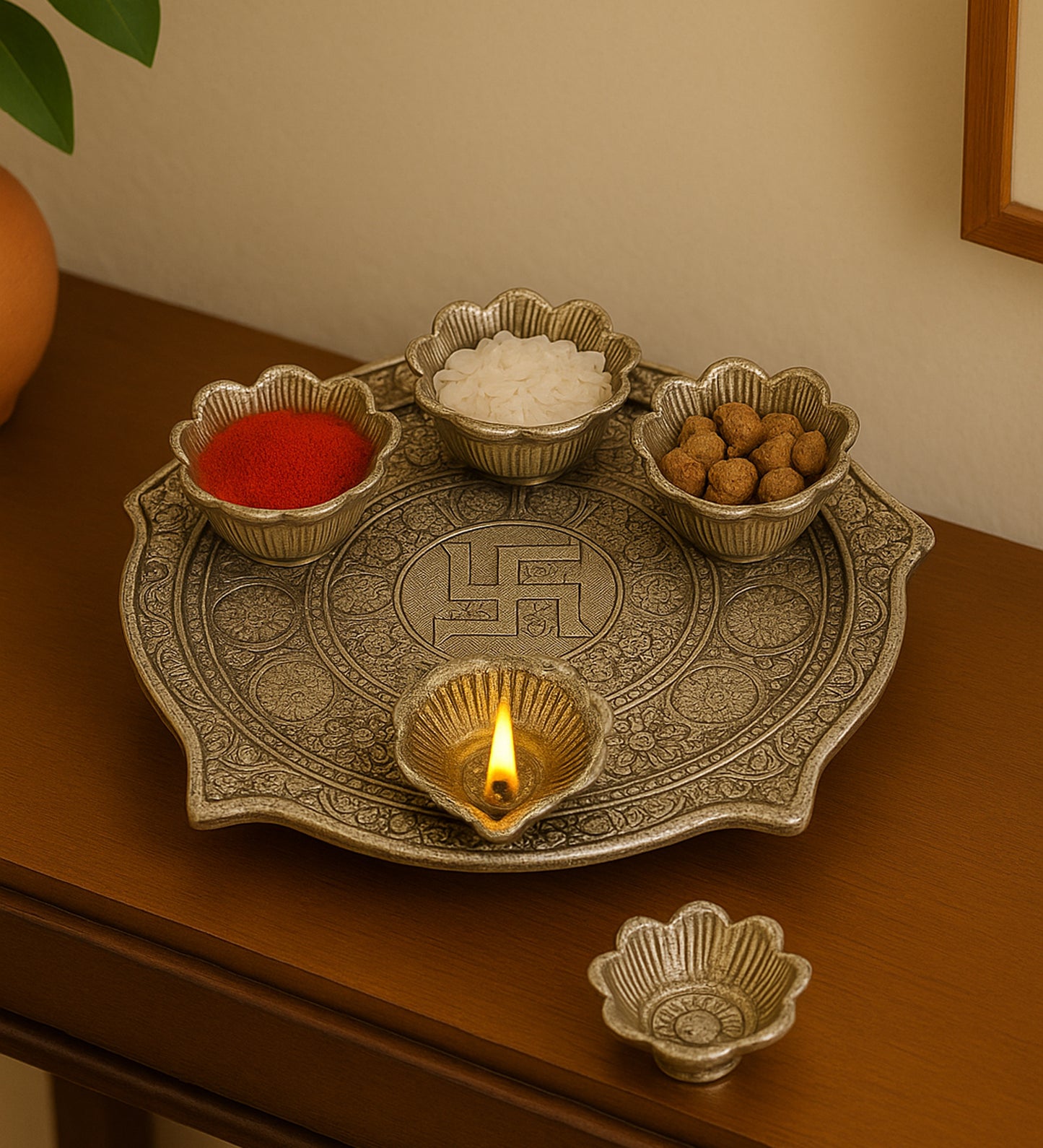 Silver aluminium Pooja thali