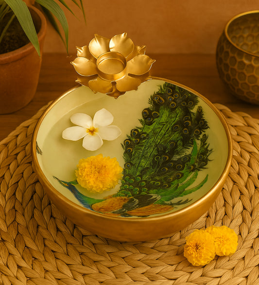 Green Peacock Meena Urli Bowl With Flowers
