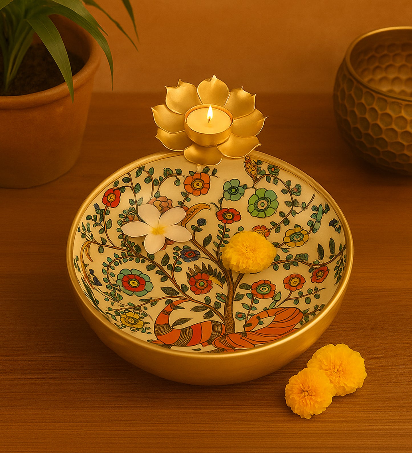 Peacock Meena Urli Bowl With Flowers