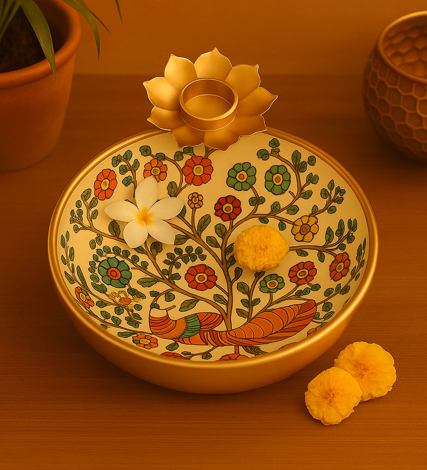 Peacock Meena Urli Bowl With Flowers
