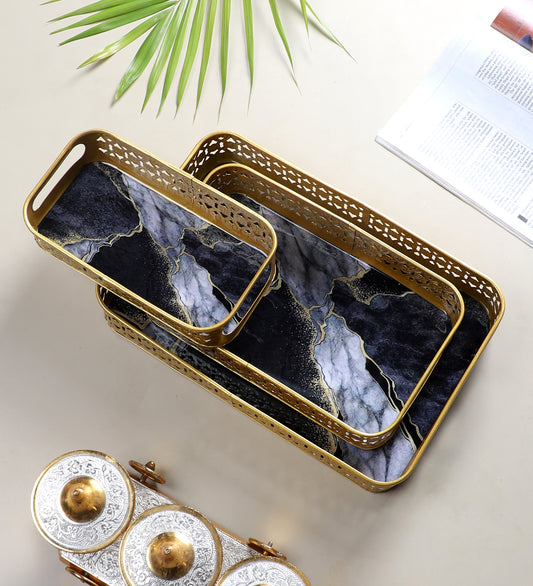 Rectangular Black & Gold Wavy Meena Tray Set of 3