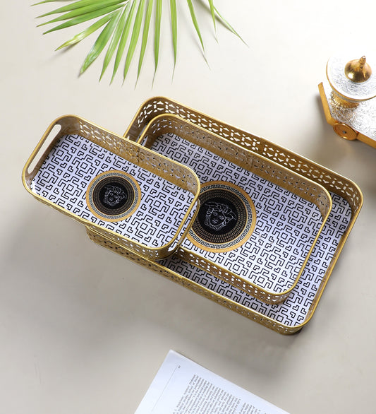 Rectangular Black & Gold Blocks Meena Tray Set of 3