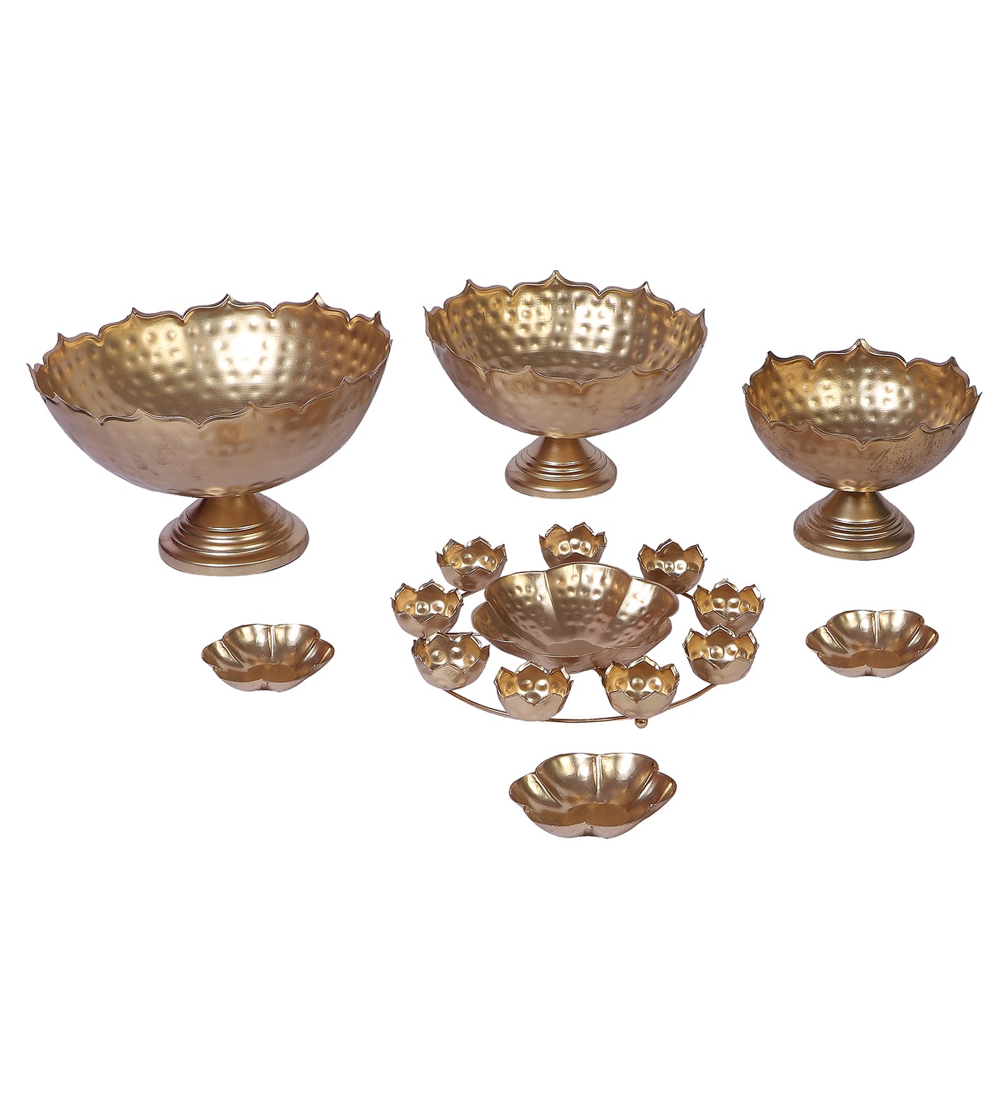Gold Metal Taj Urli with Center Urli & Tealight Holder Set of 7