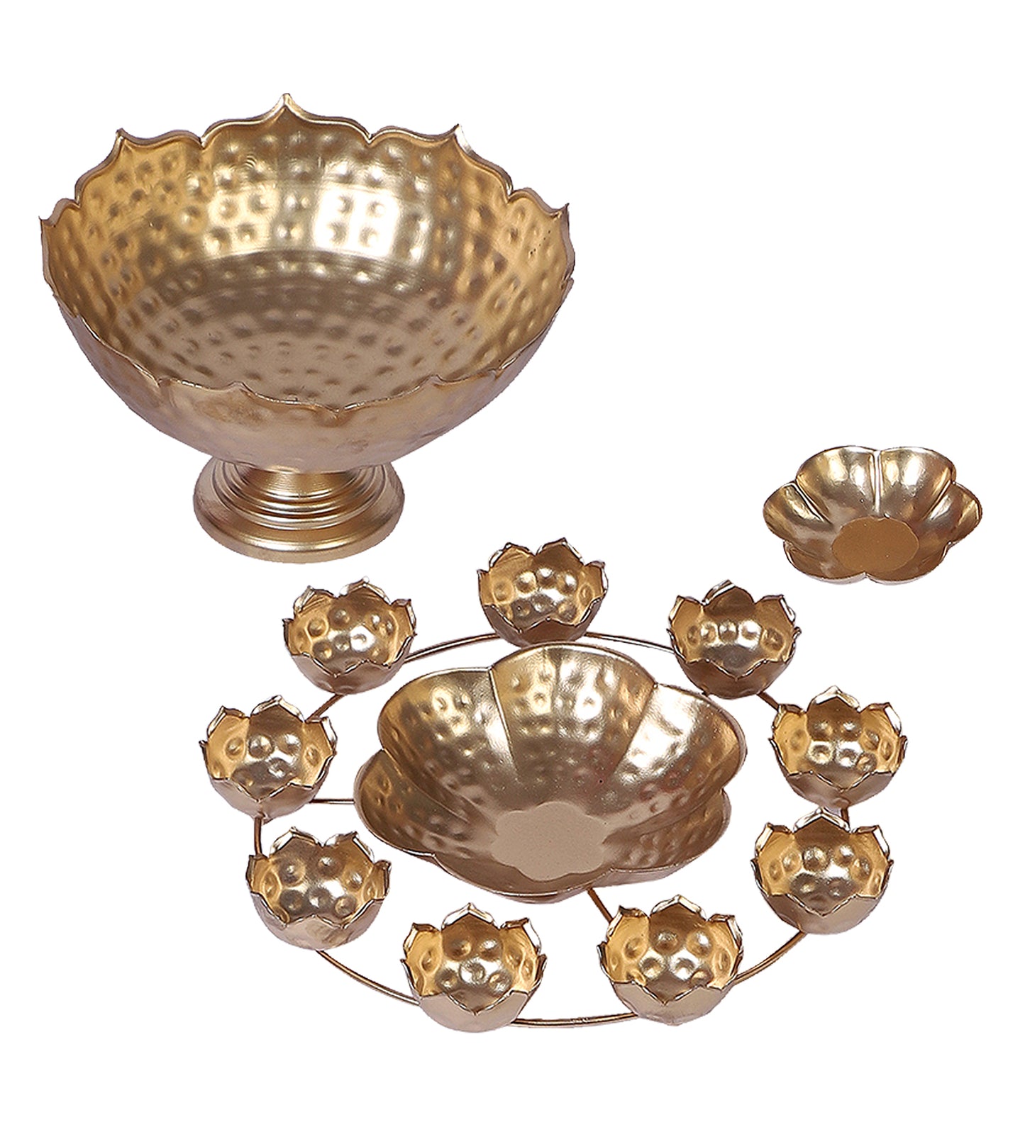 Gold Metal Taj Urli with Center Urli & Tealight Holder Set of 7