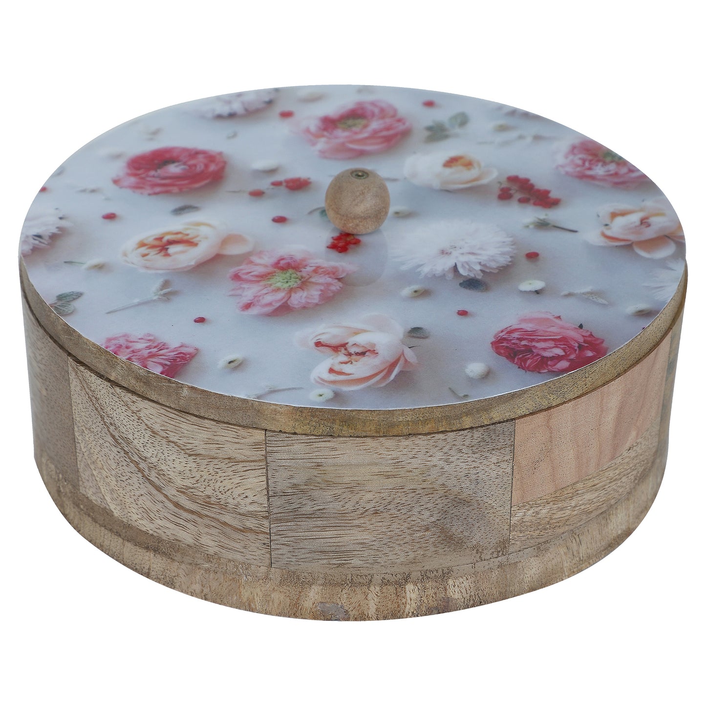 Flower Printed Mango Wood & Steel Roti Box With Tong