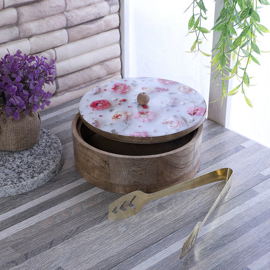 Flower Printed Mango Wood & Steel Roti Box With Tong