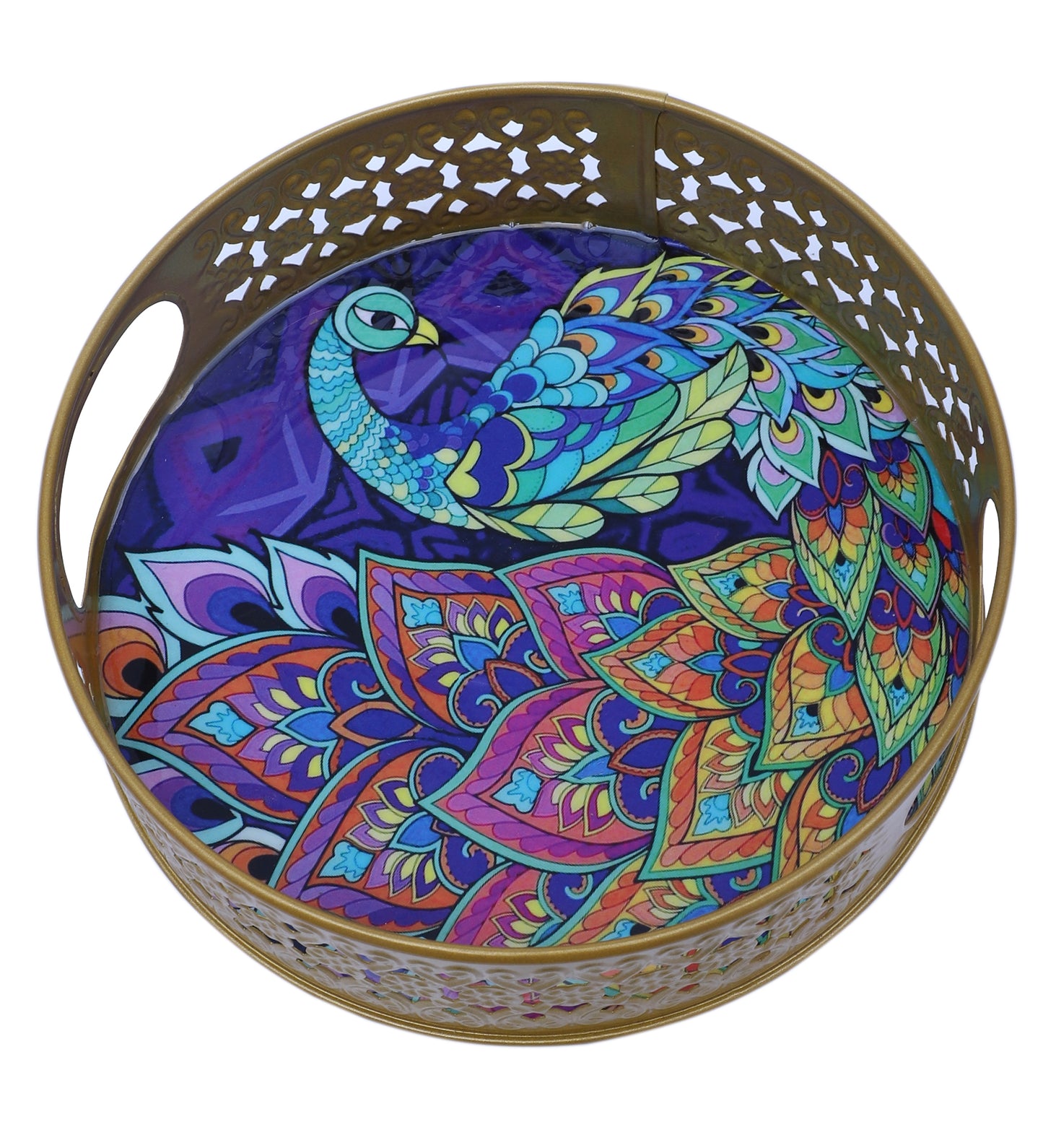 Green & Purple Peacock Round Basket With Jar Set of 3