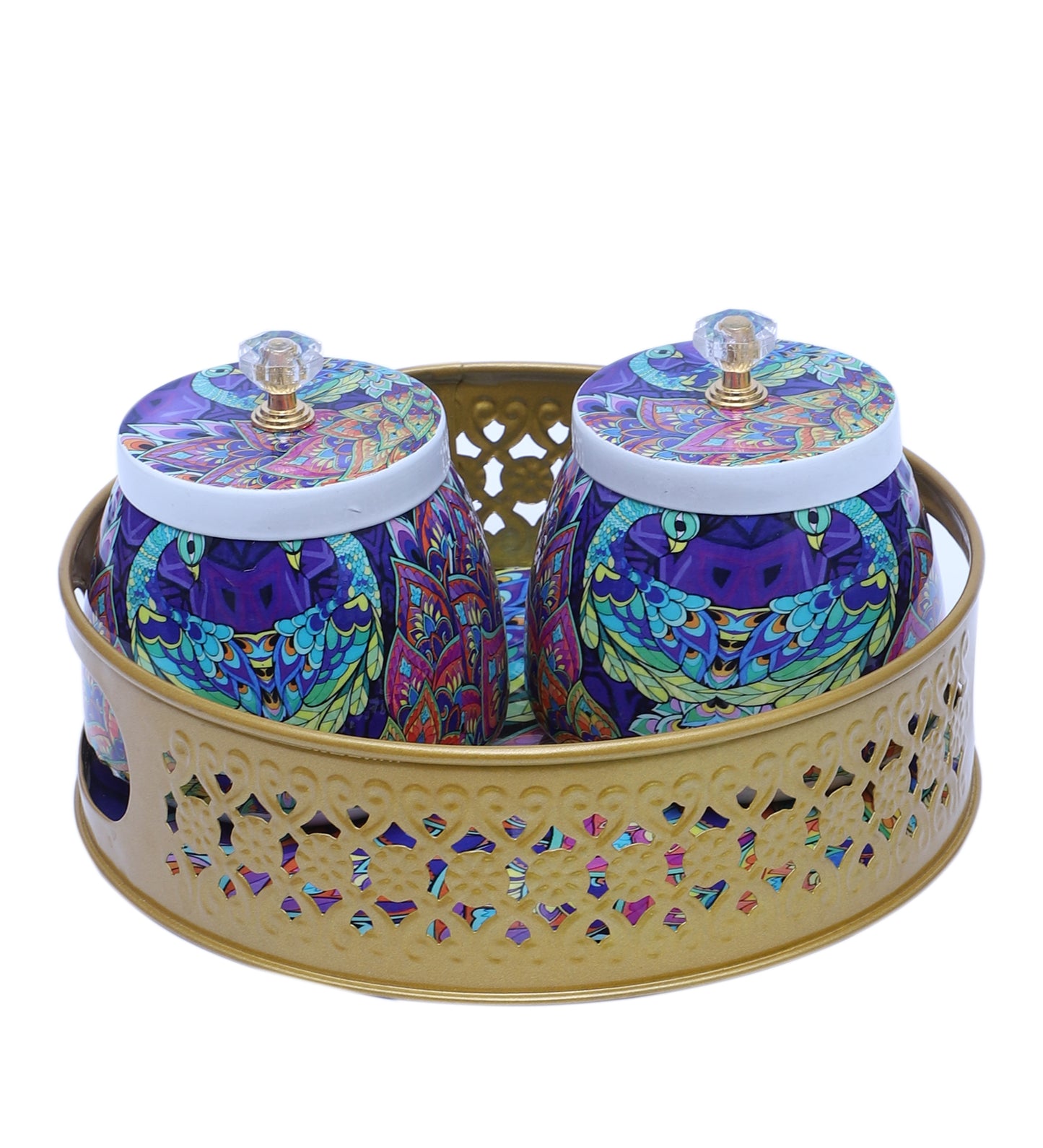 Green & Purple Peacock Round Basket With Jar Set of 3