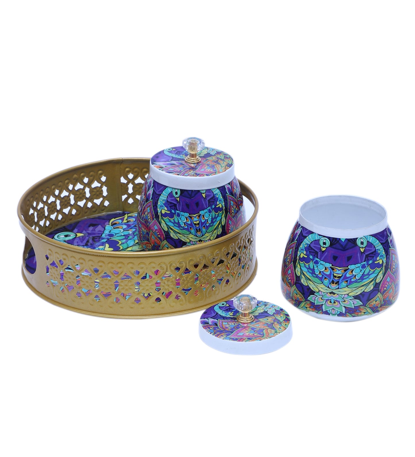Green & Purple Peacock Round Basket With Jar Set of 3