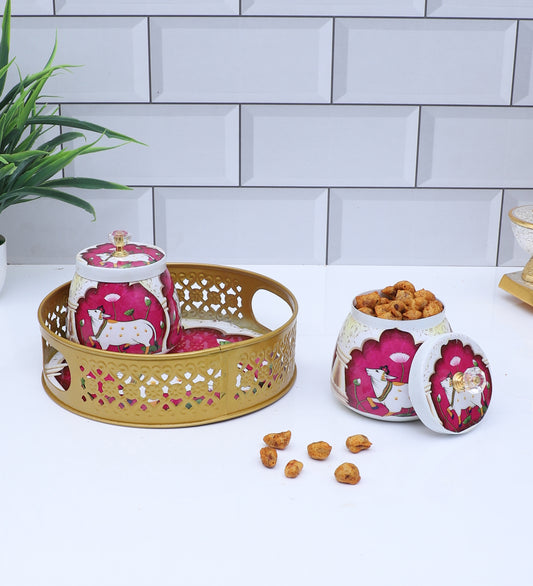 Pink & White Cow Round Basket With Jar Set of 3