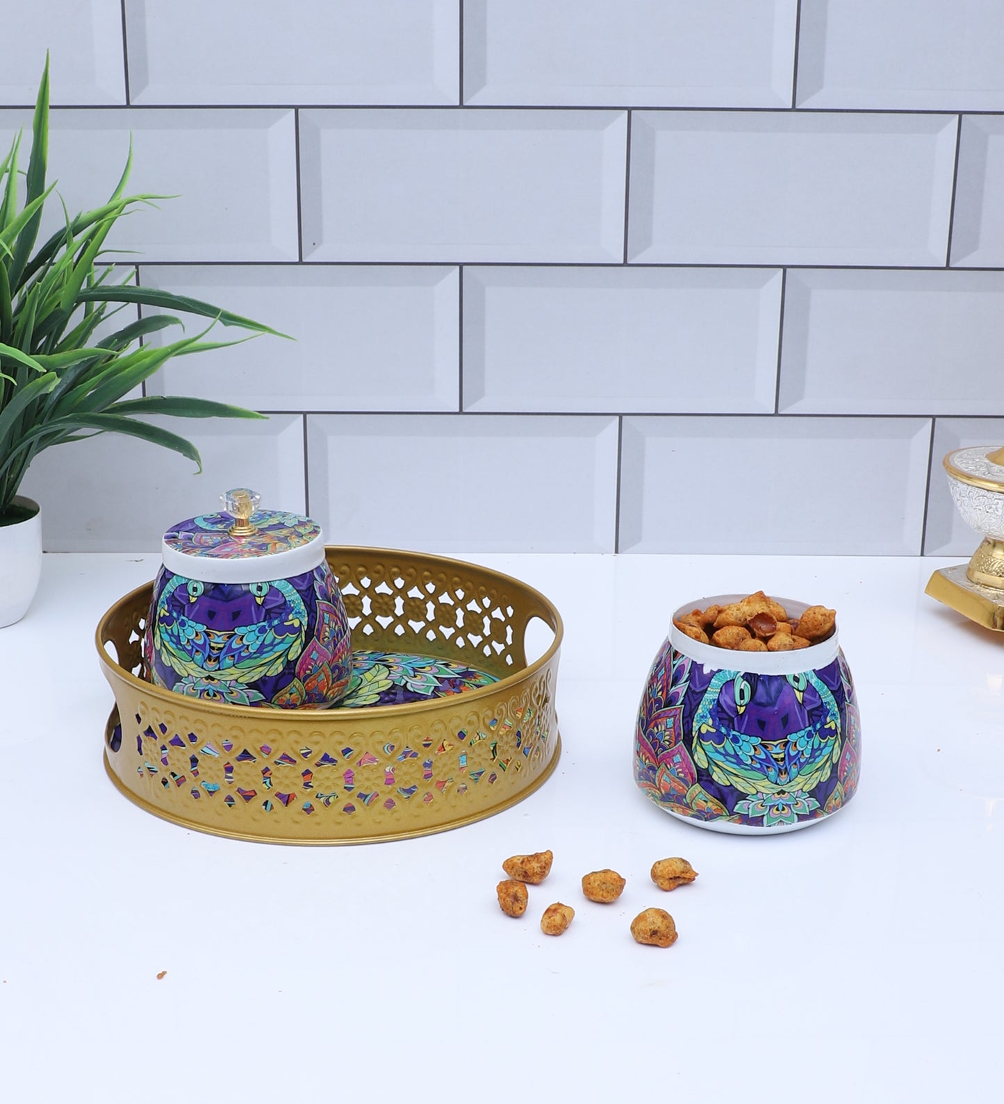 Green & Purple Peacock Round Basket With Jar Set of 3