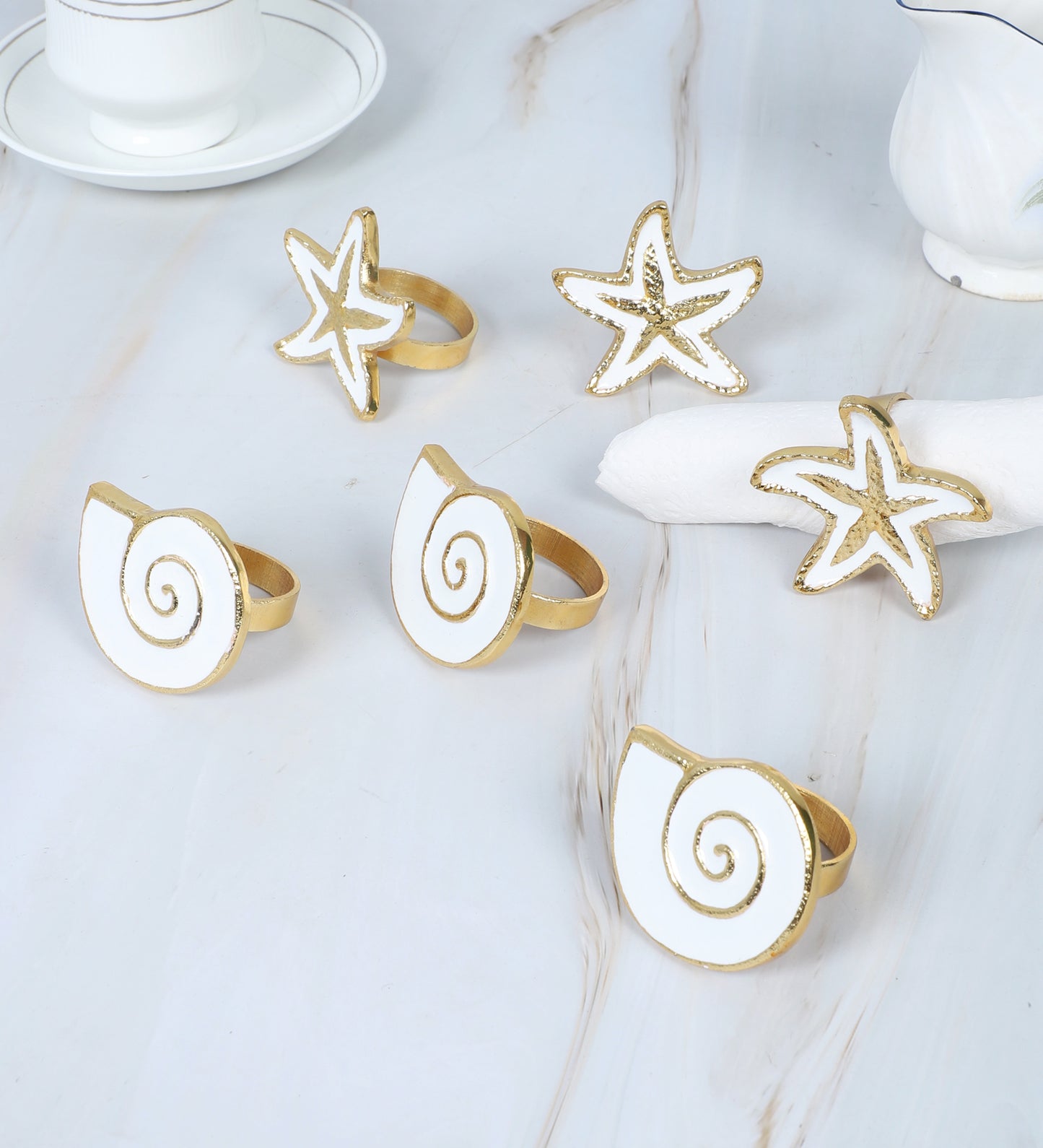 White & Gold Star Napkin RIng Set of 6