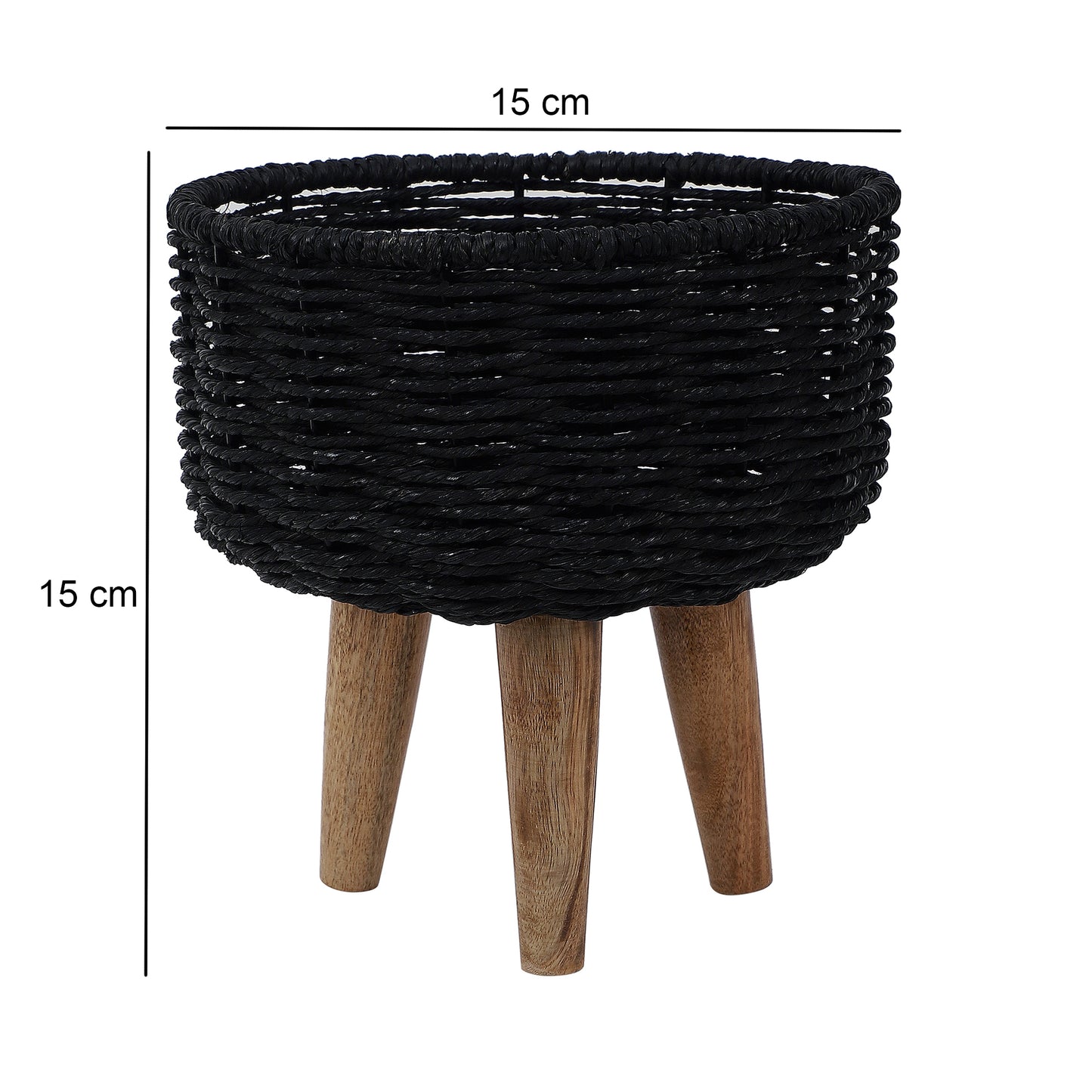 Jute & Metal Black Planter Set with Wooden Legs Set of 3