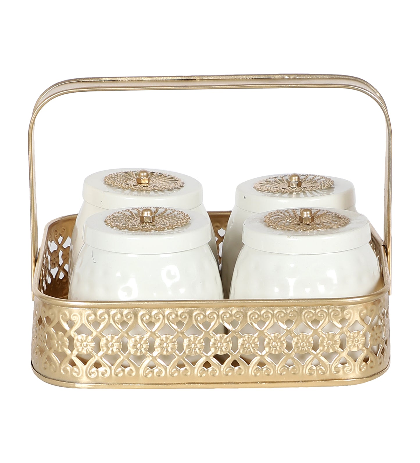 Gold & White Basket With Jar Set of 4