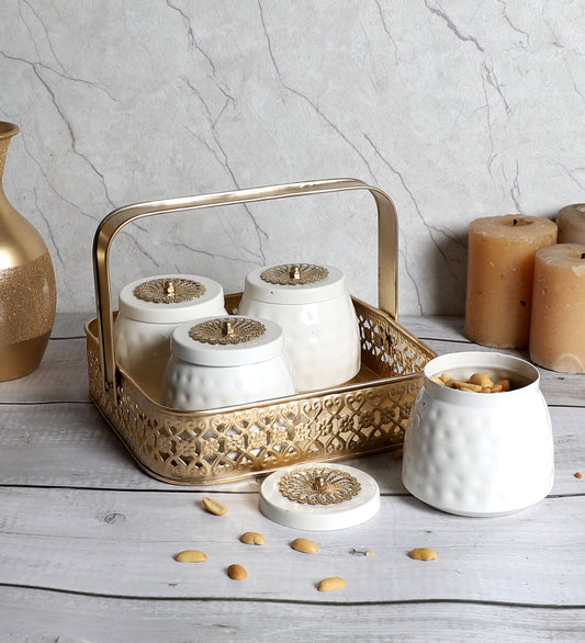 Gold & White Basket With Jar Set of 4