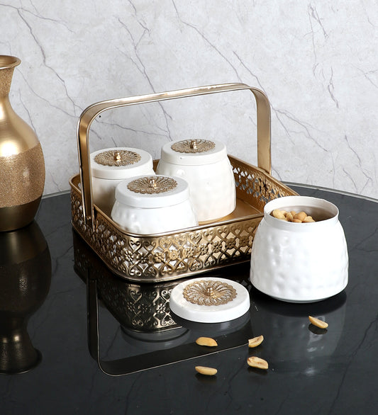Metal Basket With White Jar Set of 5