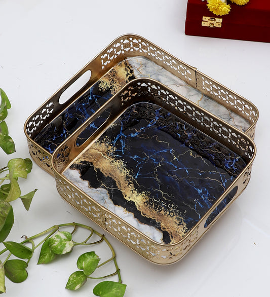 Square Blue & White Tray Set of 2