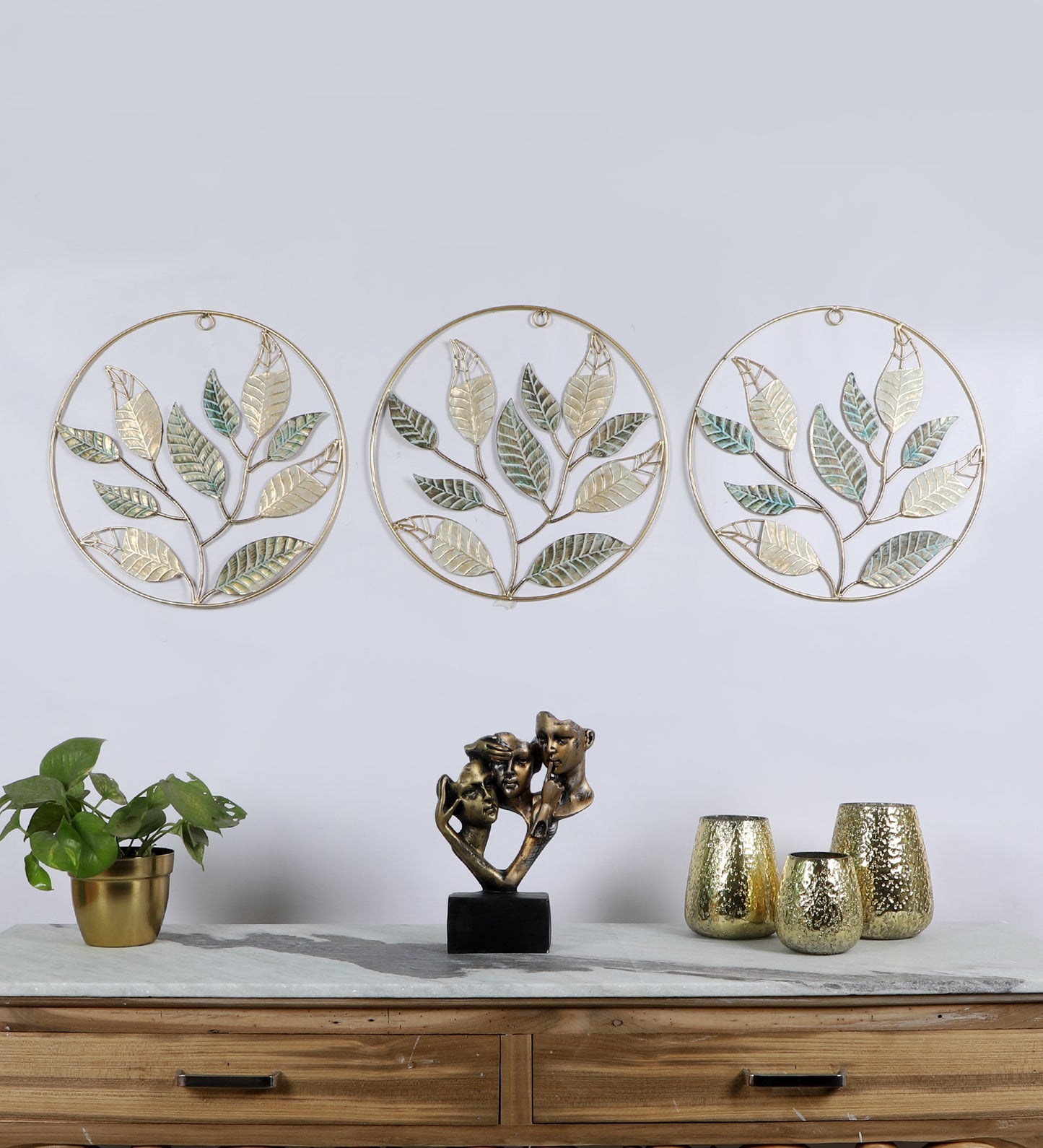 Green & Gold Leaves  Wall Decor Set of 3
