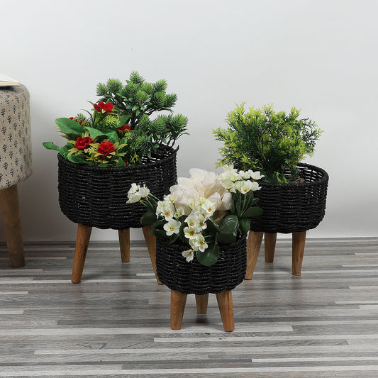 Jute & Metal Black Planter Set with Wooden Legs Set of 3