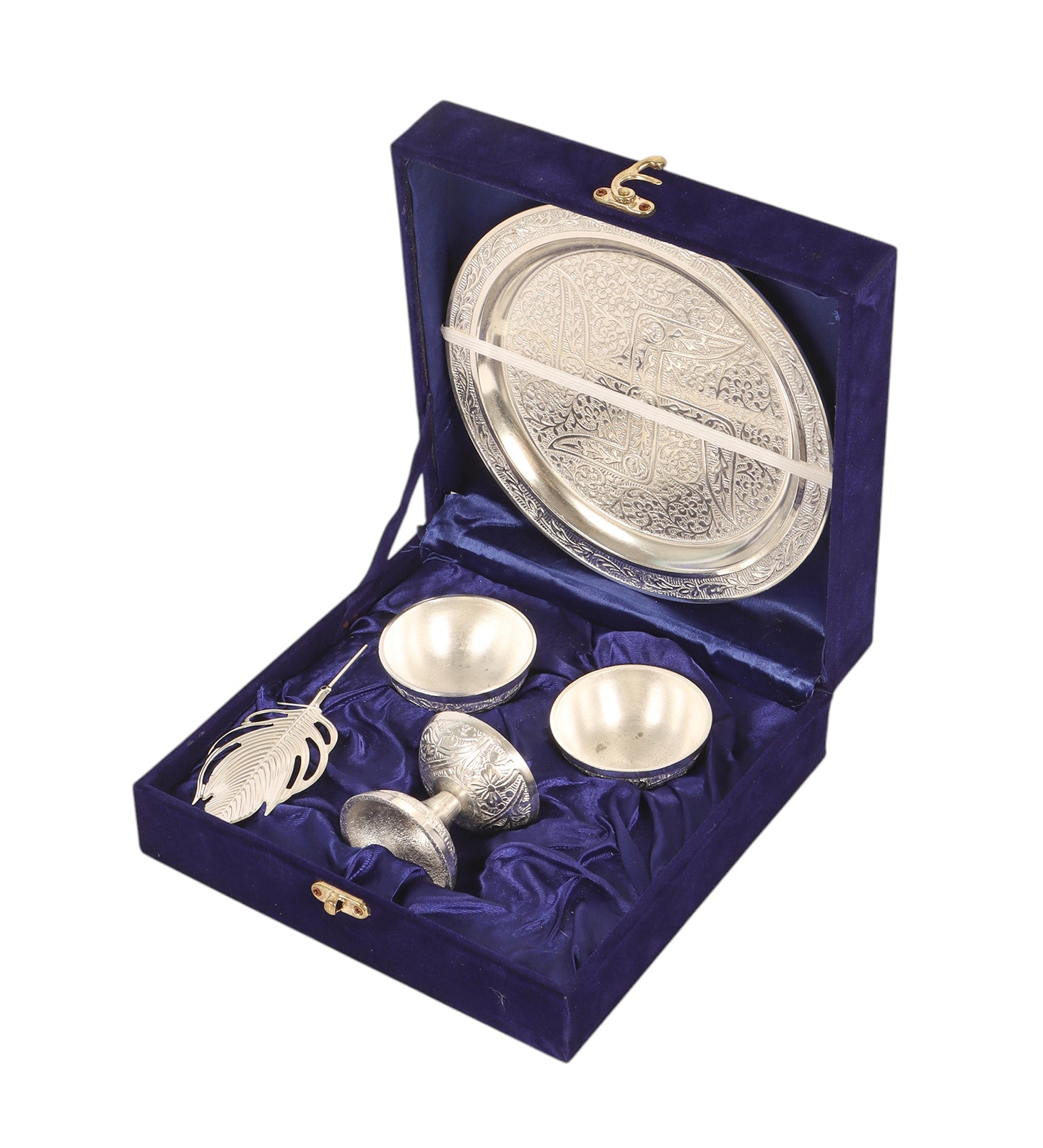 Silver aluminium Pooja thali Set of 5 with velvet box