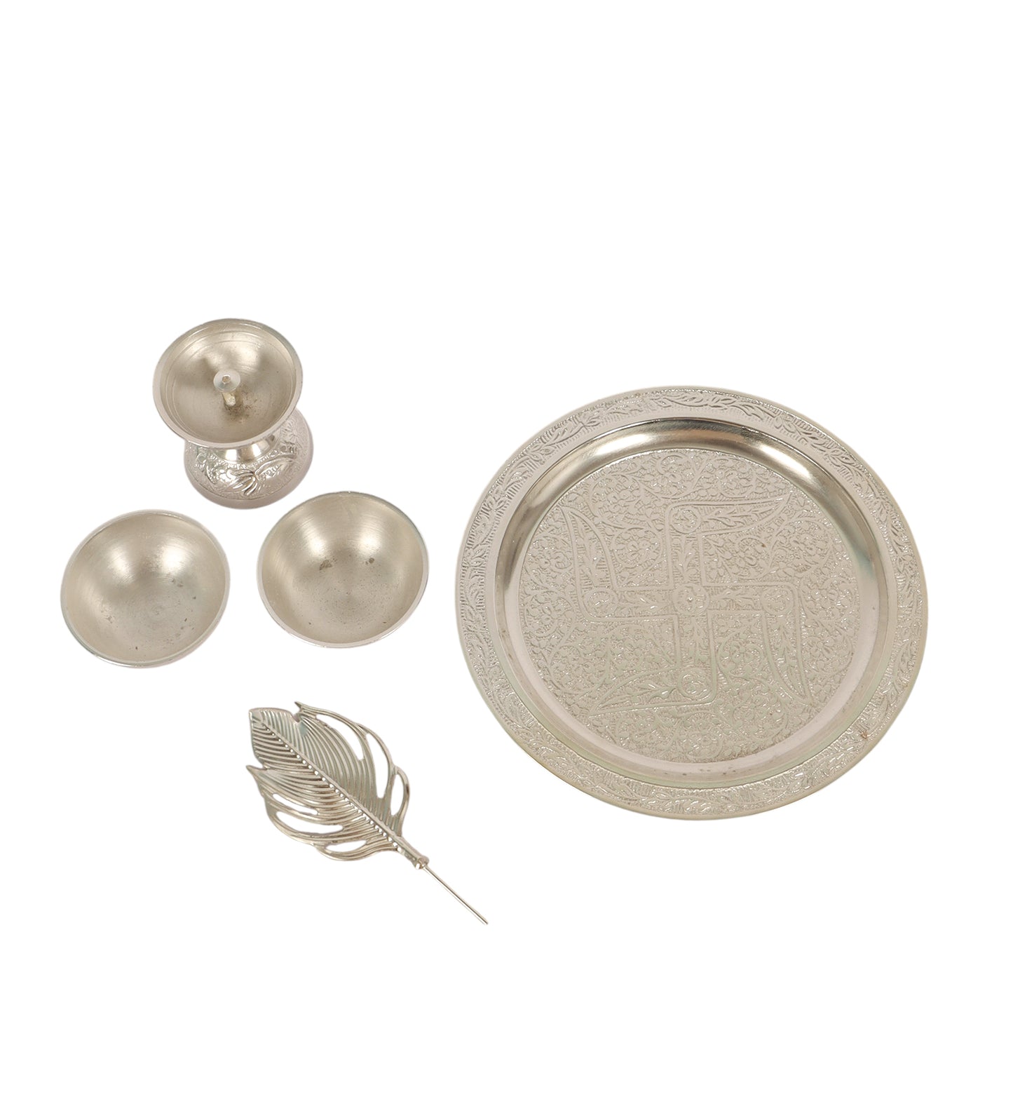 Silver aluminium Pooja thali Set of 5 with velvet box
