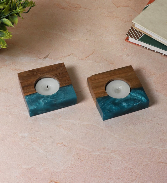 Green Resin & Mangowood Tealight Holder Set of 2