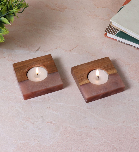 Pink Resin & Mangowood Tealight Holder Set of 2