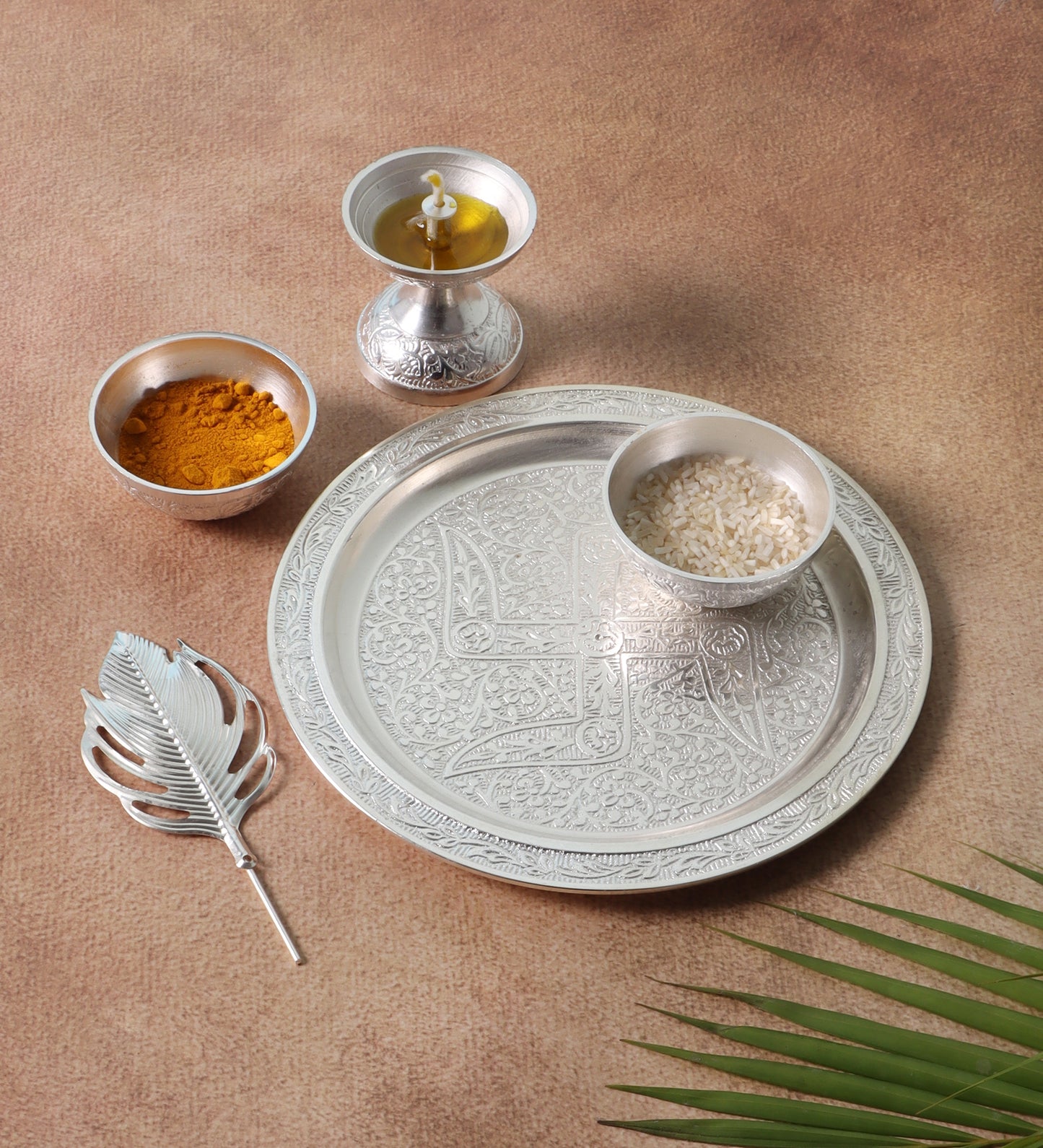 Silver aluminium Pooja thali Set of 5 with velvet box