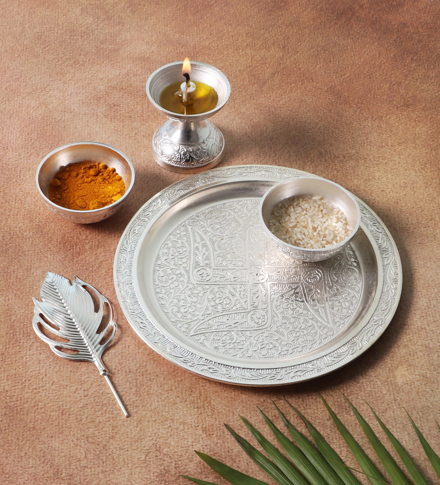 Silver aluminium Pooja thali Set of 5 with velvet box