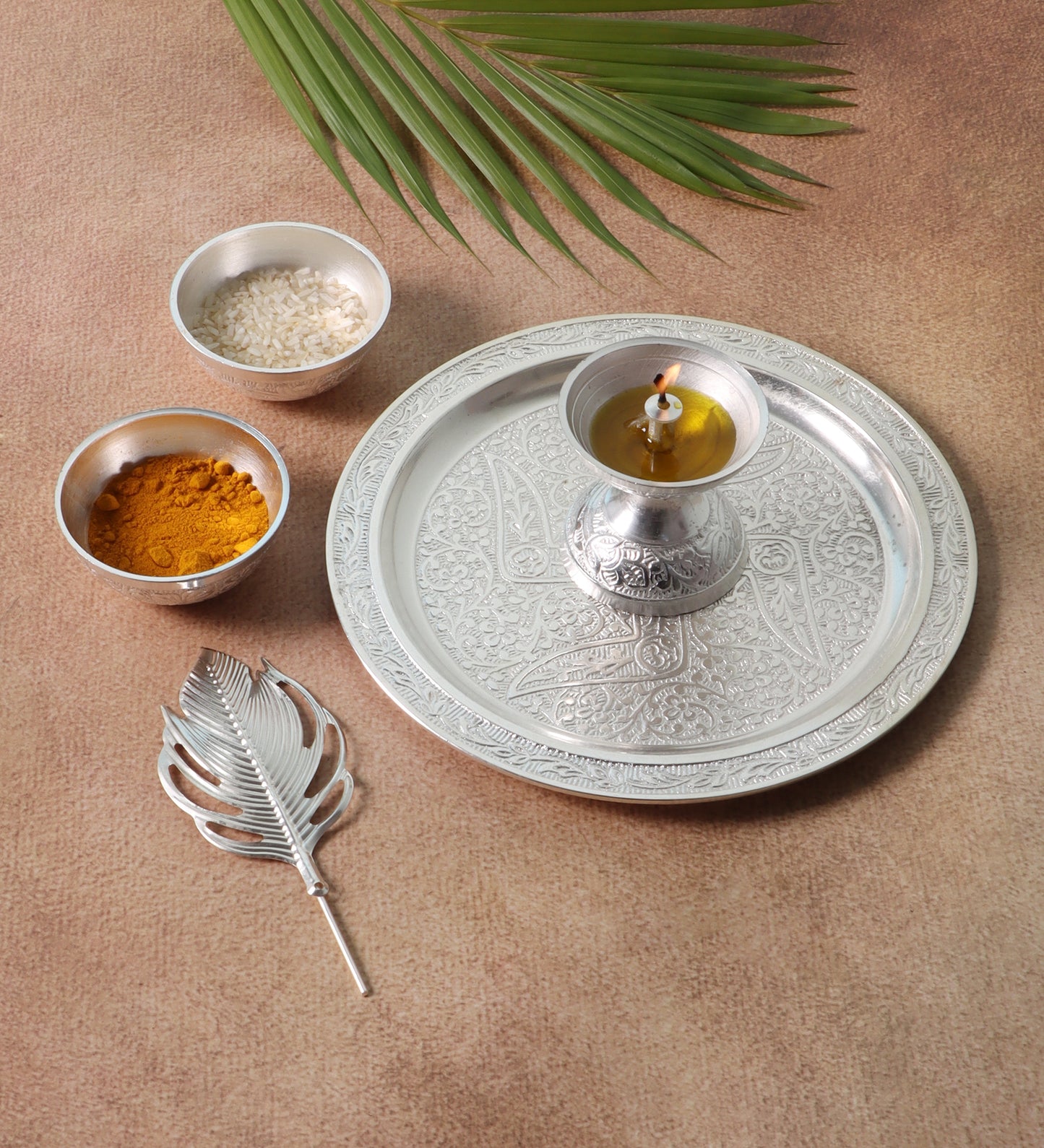 Silver aluminium Pooja thali Set of 5 with velvet box