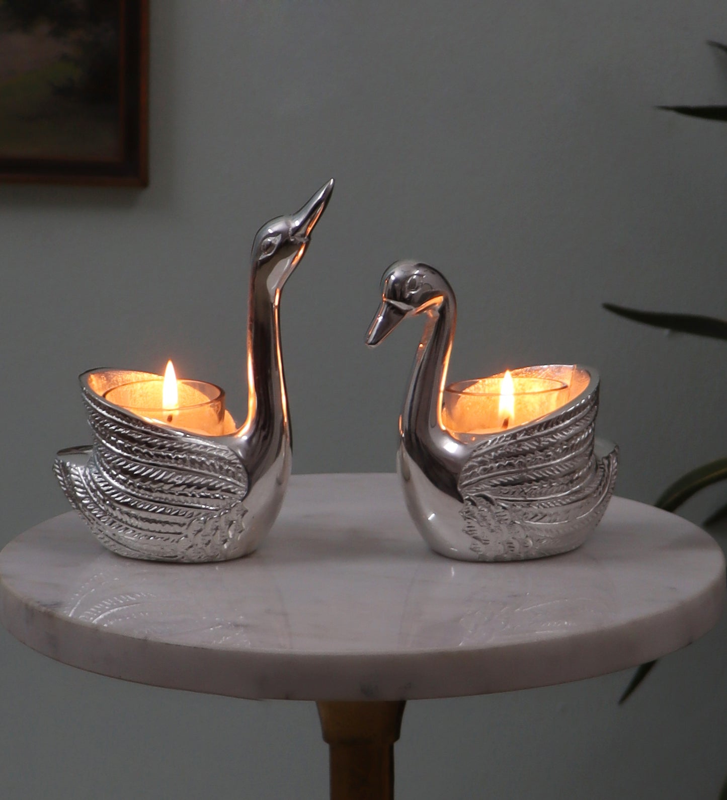 Silver Swan Tealight Holder Set