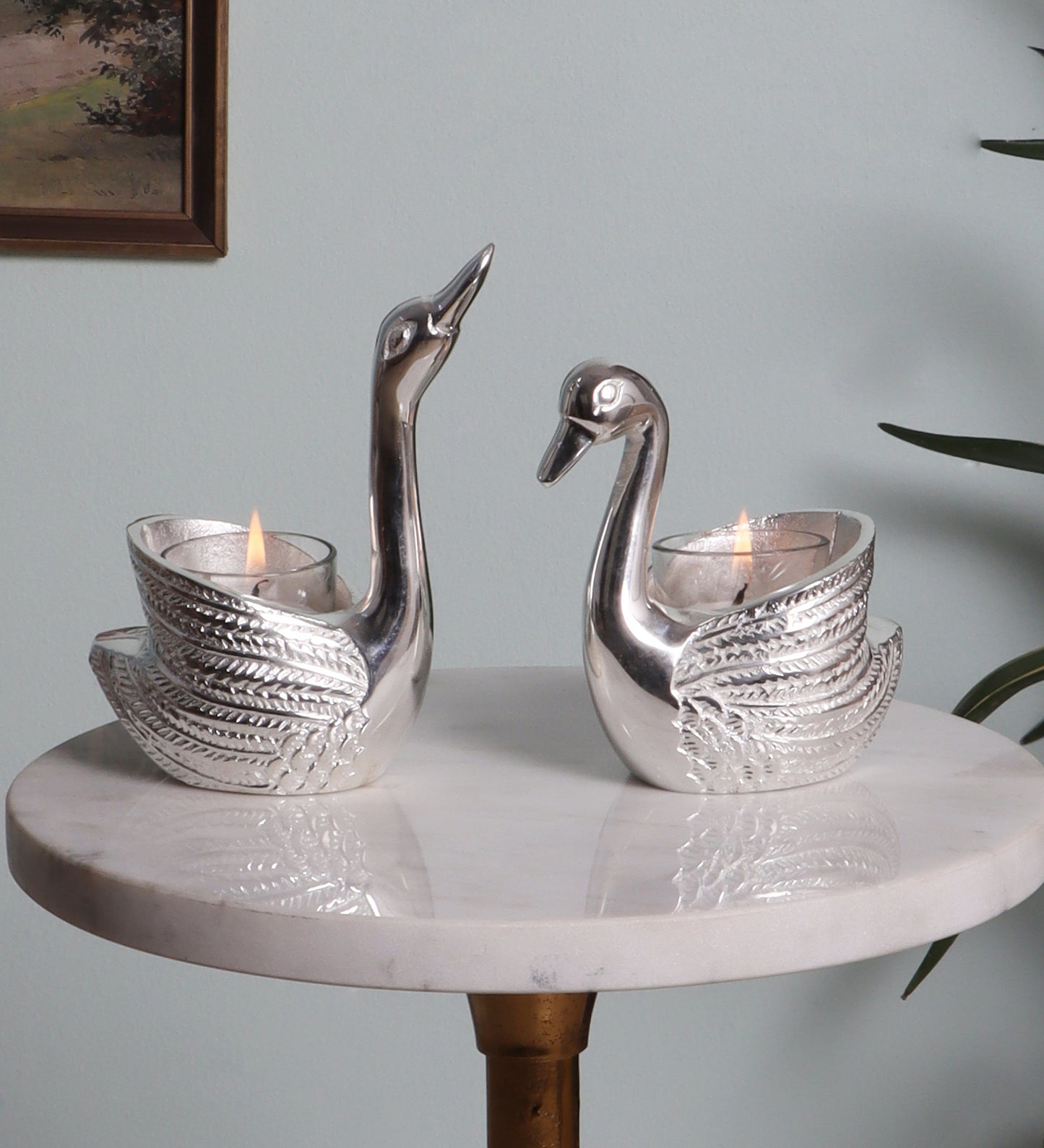 Silver Swan Tealight Holder Set