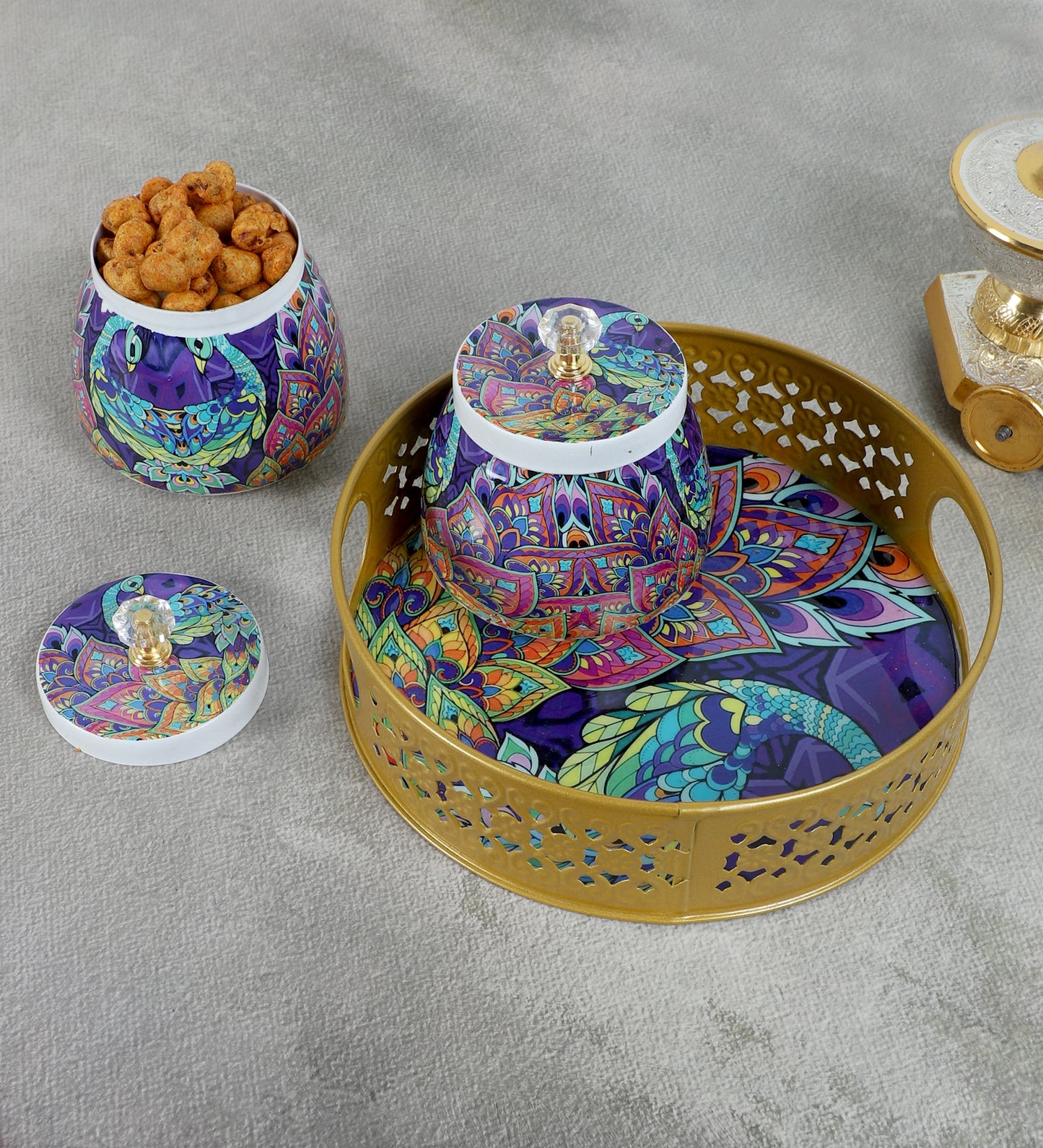 Green & Purple Peacock Round Basket With Jar Set of 3