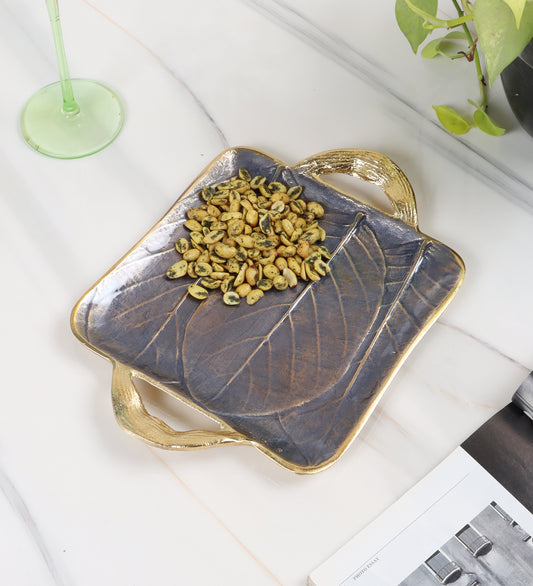 Black Leaves Aluminium Platter with Handle