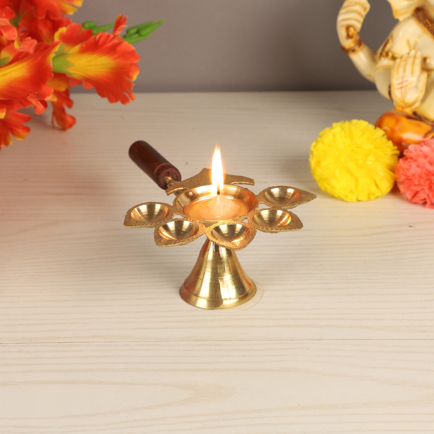Brass Panch Aarti with Wooden Handle