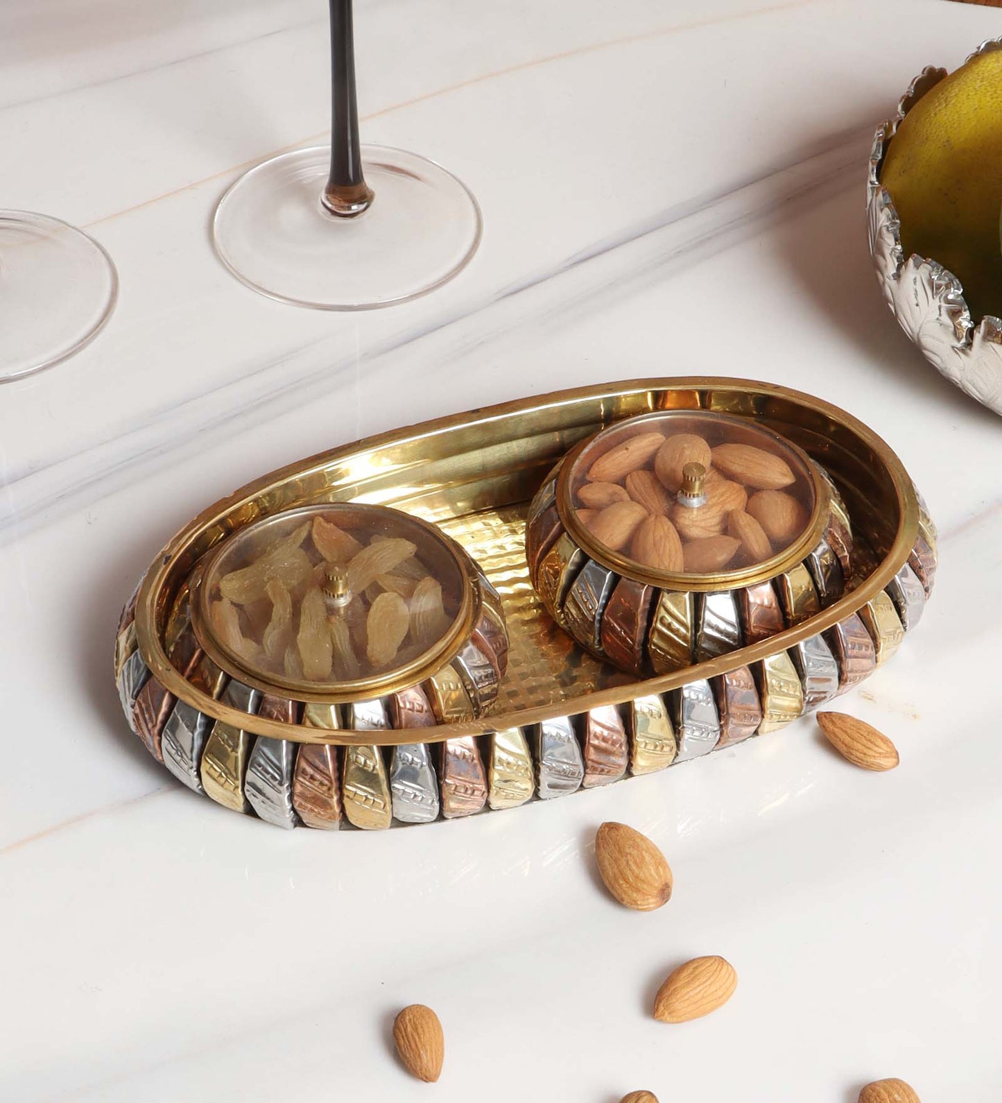 Brass Gold & Copper Dry Fuits Jar With Tray Set of 3