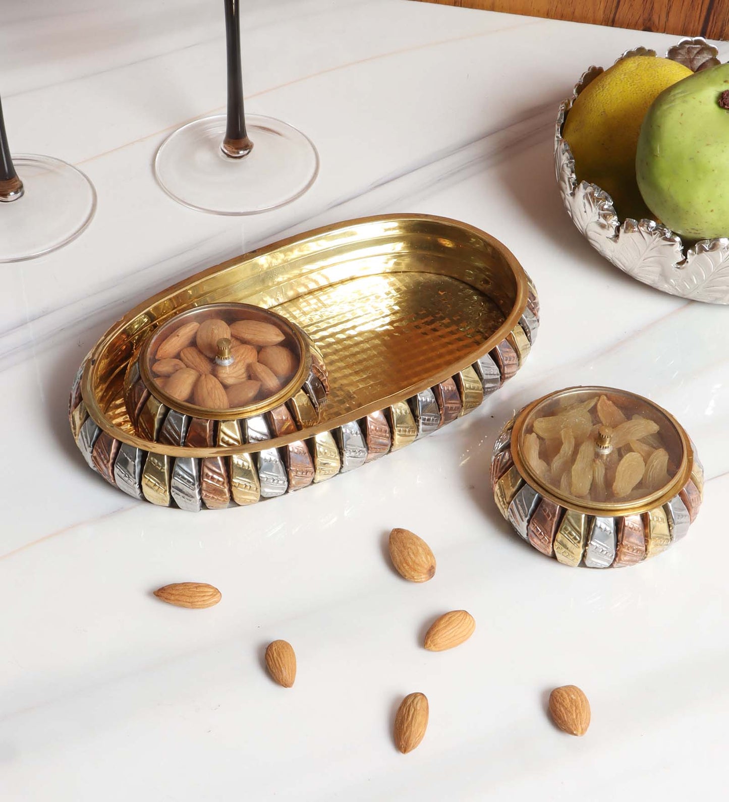 Brass Gold & Copper Dry Fuits Jar With Tray Set of 3