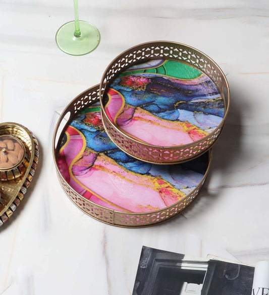 Pink &  Blue Peacock Tray Set of 2