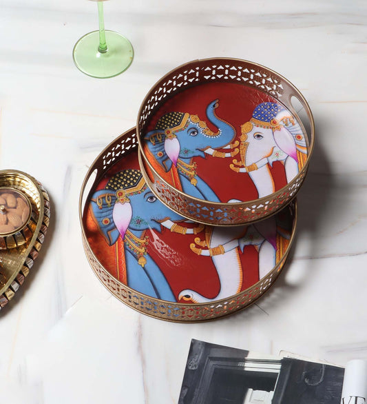 Elephant Blue & White Round Pichwai Tray Set of 2