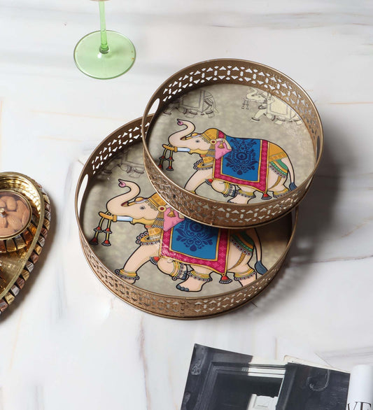 Blue & White Big Elephant Pichwai Tray Set of 2