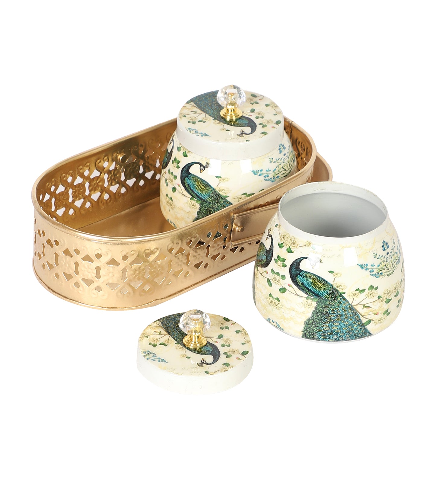 Green Peacock Print Jars basket Set of 2