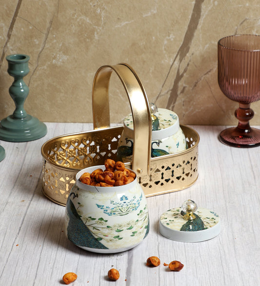 Green Peacock Print Jars basket Set of 2